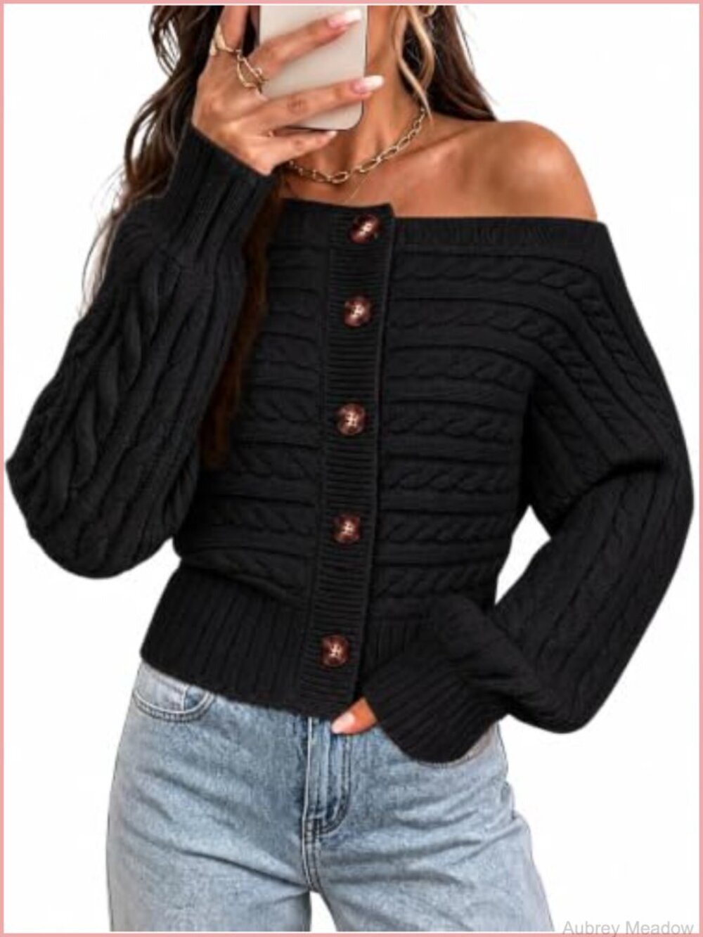 Cable Knit Off Shoulder Cardigan Button Long Sleeve Crop Sweater